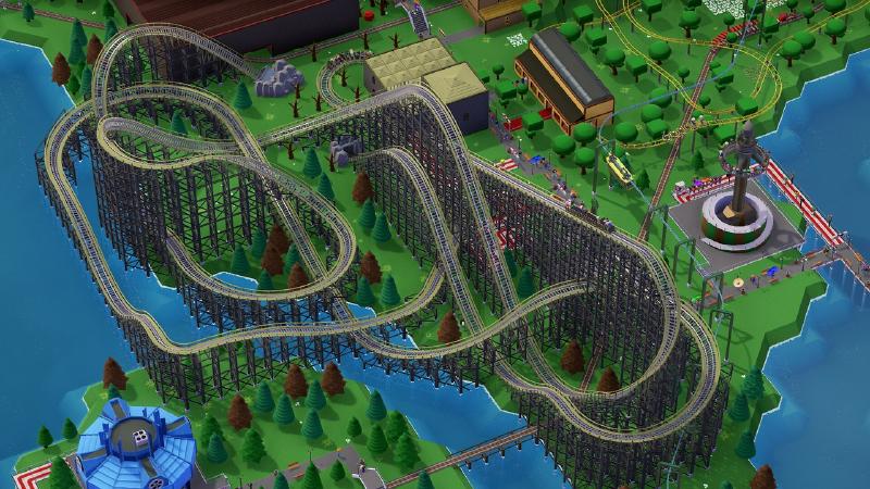 A screenshot from the game Parkitect showing a rollercoaster